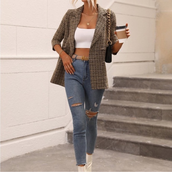 Business casual double breasted plaid blazer - Picture 4 of 5